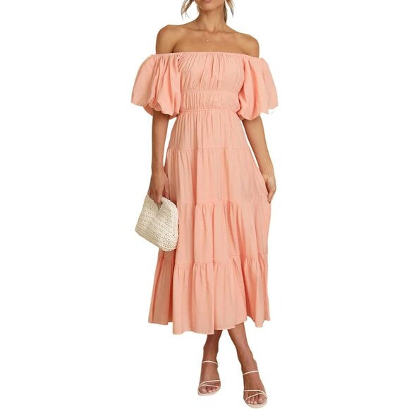 Women’s Off-Shoulder Summer Dress Puff Sleeve Empire Waist A-Line Flowing Midi - Picture 1 of 6
